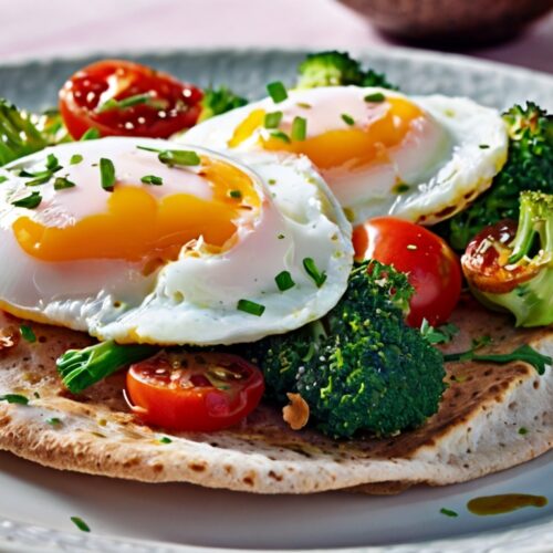 Poached Eggs with Broccoli, Tomatoes & Wholemeal Flatbread Recipe