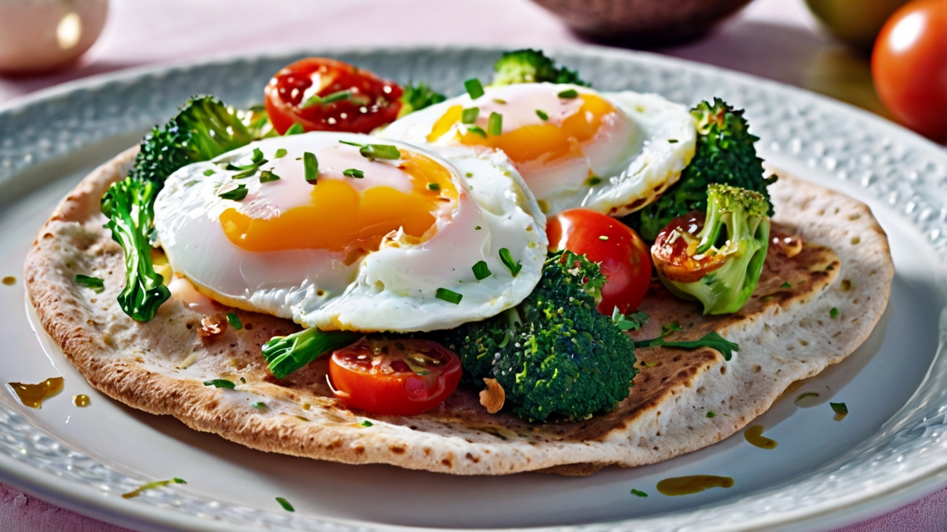 Poached Eggs with Broccoli, Tomatoes & Wholemeal Flatbread Recipe